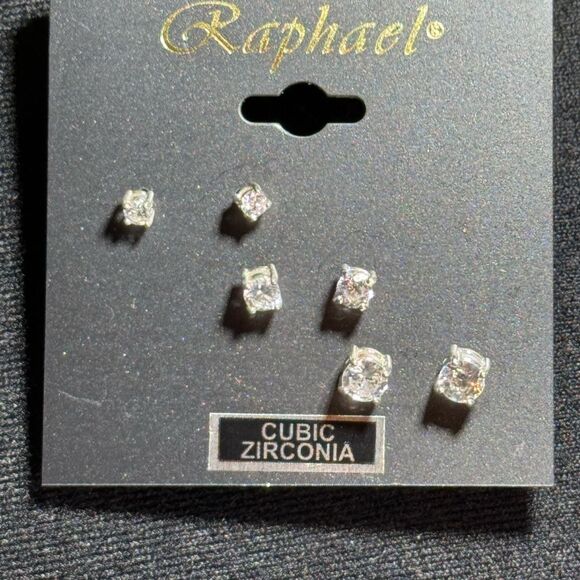 Raphael Silver Tome Set of 3 Pairs CZ Solitaire Post Earrings Round - Picture 3 of 6